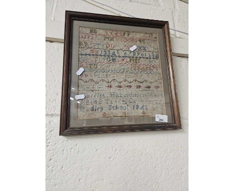 A Victorian needlework sampler signed Harriett Hazeldines work aged 8 years October 21st 1842, Hadley School