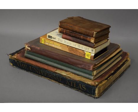 A quantity of various atlases including The Universal Atlas and The Reliable Atlas, music related books (including Alpen-Lied