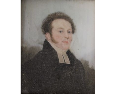 A late 18th/early 19th century miniature portrait on ivory of a gentleman, framed and glazed. 5.5 x 7 cm.