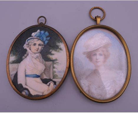 A 19th century miniature portrait on ivory of a young lady with blue ribbon in her hair; together with a late 19th/early 20th