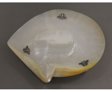A Chinese unmarked silver mounted mother-of-pearl shell dish. 22 cm wide.