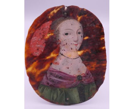 An 18th/19th century painted portrait miniature on tortoiseshell of a young lady with a feather in her hair. 9.75 cm high.