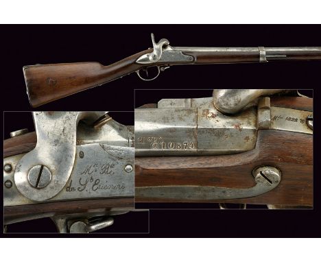 A 1842 model percussion gun dating: mid-19th Centuryprovenance: FranceSmooth, round, 18 mm cal. barrel, with octagonal breech