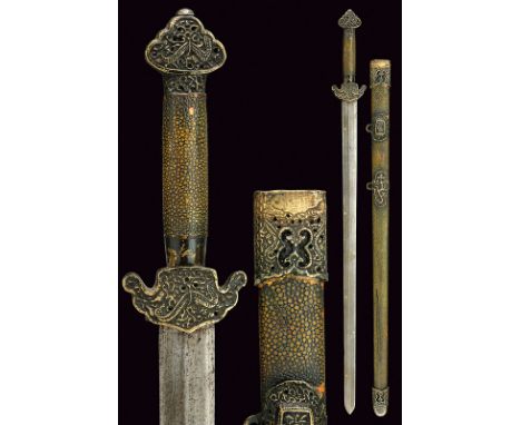 A jian (sword) dating: 19th Centuryprovenance: ChinaStraight, double-edged blade, ribbed at the center, decorated with small 
