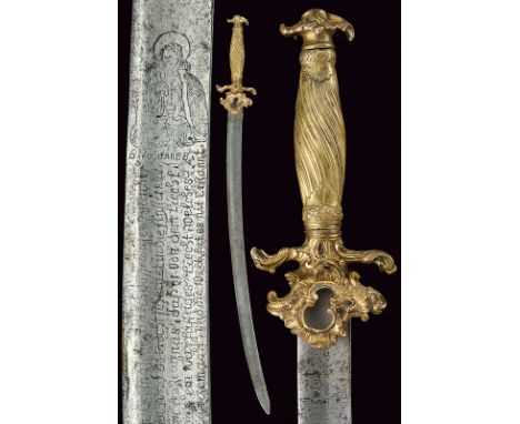 An interesting hunting hanger with inscriptions dating: 18th Centuryprovenance: GermanyCurved, single -and false-edged blade 