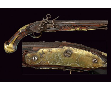 A roman lock pistol dating: 18th Centuryprovenance: Central ItalySmooth, two-stage, octagonal and round, 14 mm cal. barrel; f
