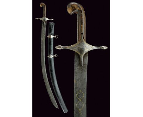 A shamshir dating: early 19th Centuryprovenance: IndopersiaWide, curved, single (one notch) -and false-edged blade of fine da