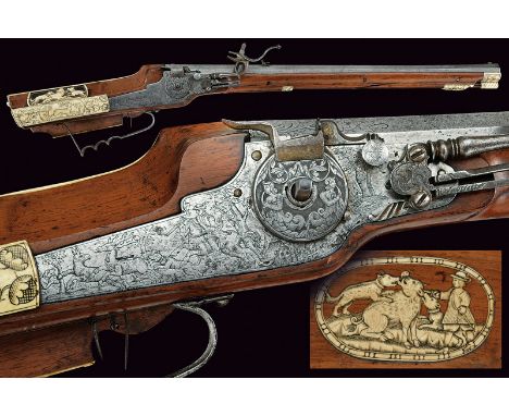 A fine wheel-lock carbine dating: mid-17th Centuryprovenance: GermanyStrong, octagonal, rifled, 18 mm cal. barrel with slight