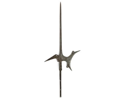 A halberd engraved with naval motifs dating: circa 1600provenance: North ItalyLong cusp of lozenge section, hollow axe with p