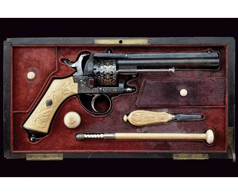 A fine cased pin-fire revolver dating: third quarter of the 19th Centuryprovenance: FranceRound, rifled, outlined, silver, 12