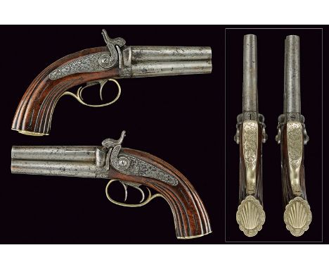 A pair of double-barrelled percussion pistols dating: mid-19th Centuryprovenance: BelgiumSmooth, round, over and under, 13 mm