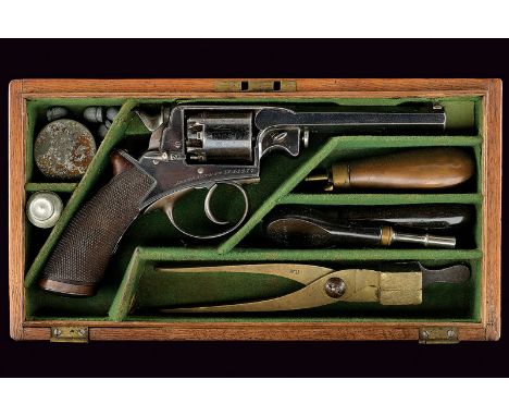 A cased Adams percussion revolver dating: mid-19th Centuryprovenance: EnglandRifled, octagonal, 8 mm cal. barrel with foresig
