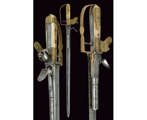 A hunting hanger with flintlock pistol by Lindenschmitt dating: 18th Centuryprovenance: GermanyStraight, single-edged blade w