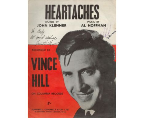Vince Hill and Gerry Monroe signed vintage music and lyrics sheet for the hit song heartache.  Good condition . All autograph