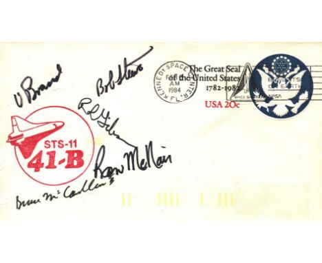 Astronauts Vance D. Brand, Robert L Gibson, Ronald E McNair, Robert L Stewart and Bruce McCandless STS-41b crew multi signed 