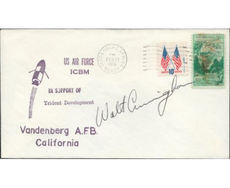 Astronaut Walt Cunningham signed US Air Force ICBM Trident Development envelope PM VandenbergAFB,CA 93437 Feb 27 1976.  Good 