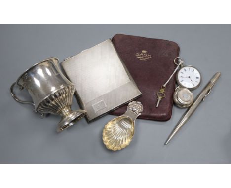 A silver cigarette case, caddy spoon, fob watch, christening mug and sovereign case(a.f.).