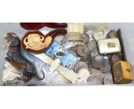 A group of assorted curios, including a cased meerschaum pipe, kozuka handle, cameos, bone 'table' pin cushion, buttons etc.