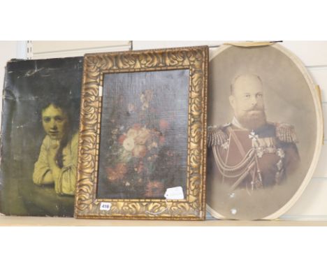 I* F* I* (19th century), oileograph, Floral spray, signed and monogram, 38 x 28cm, After Greuze, oileograph, 48 x 39cm and a 
