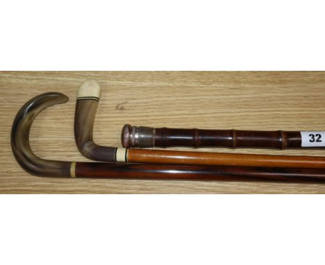 A French angler's cane, a horn handle Sunday stick and a horn handle stick