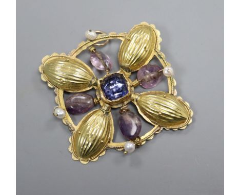 A continental Arts &amp; Crafts style yellow metal, gem and baroque pearl set openwork pendant brooch, gross 26.2 grams, 6cm.