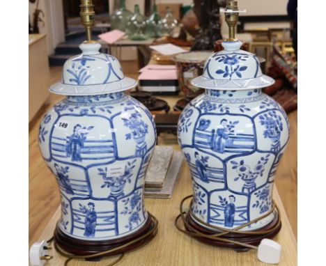 A pair of modern Chinese Kangxi style blue and white lamps height 56cm
