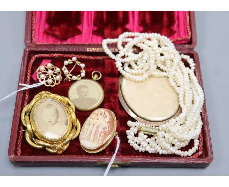Two 9ct gold and pearl openwork brooches, a 9ct gold-mounted cameo brooch and four other items, an oval portrait locket frame