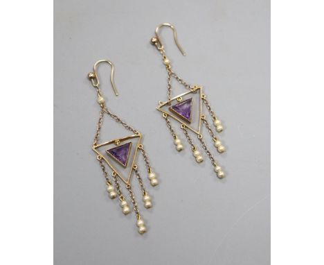 A pair of early 20th century yellow metal, amethyst and seed pearl set drop earrings and two 9ct ear wires.