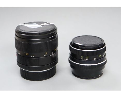A Leica Summicron - R 1:2 / 90, E55 lens, no. 3615112 and a Carl Zeiss Planar 1.8 / 50 no. 5498508