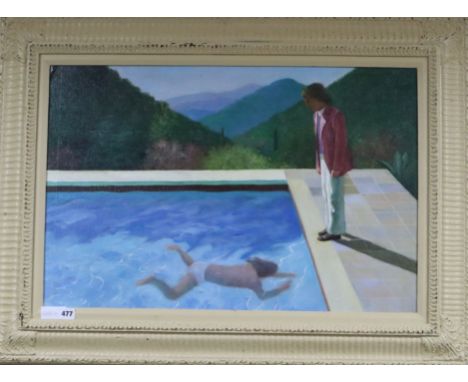 After David Hockney, oil on canvas board, Figure beside a swimming pool, 49 x 74cm