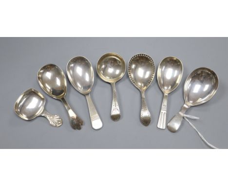 Seven assorted 19th century and later silver caddy spoons including Robert Hennell II?, London, 1830.