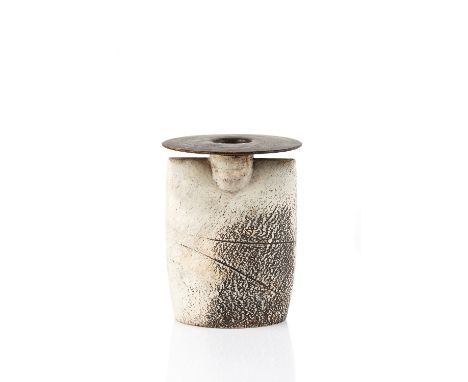 Hans Coper (1920-1981) 'Sack' vase stoneware, sack form with disc shaped rim, textured glaze and incised lines impressed pott