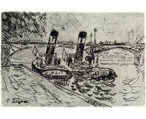 Paul Signac (1863-1935) Two tugboats on the river signed (in the plate) etching 25cm x 36cm, unframed.