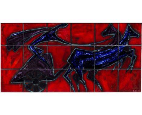 Bayer (1960s School) Tile panel depicting a chariot signed (lower right tile) 29cm x 59cm.
