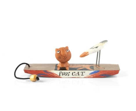 John Maltby (b.1936) 'Puss Cat' mixed media, wood and ceramic  signed  23cm across.
