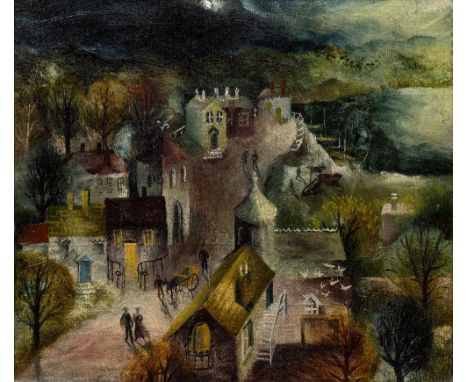 Mary Fedden (1915-2012) 'Cyprus Nocturn', circa 1948 artist's label (to reverse) with Redcliffe Road address oil on board 39c