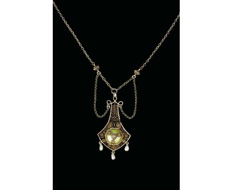 Marius Hammer (Norwegian, 1847-1927)  Enamel pendant necklace  the openwork panel heightened with wirework and green enamel  