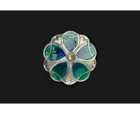 Liberty &amp; Co. 'Cymric' silver, enamel and blister pearl button signed, Birmingham hallmark for 1904 2.5cm wide.