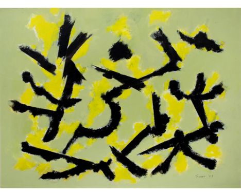 William Gear (1915-1997) Untitled, black and yellow on light green, 1983 signed and dated (lower right) mixed media  38cm x 5