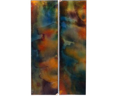 Ann Robin Banks (1931-2007) Two panels with layered green and orange enamels enamel on copper  14cm x 48cm (2).