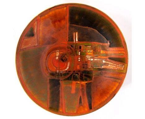 Tony Morris for Poole Pottery Studio Charger, 1962-1964 decorated with orange and greenpainted monogram and impressed Poole m