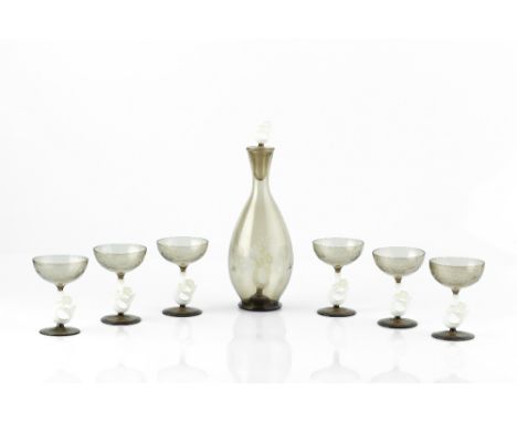 Bemini Art Deco decanter and six glasses etched smoky glass with opaline mermaid stems and stopper decanter 24cm high.