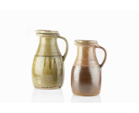 Richard Batterham (b.1936) Two jugs celadon and salt glaze 35.5cm high, 30.5cm high (2).