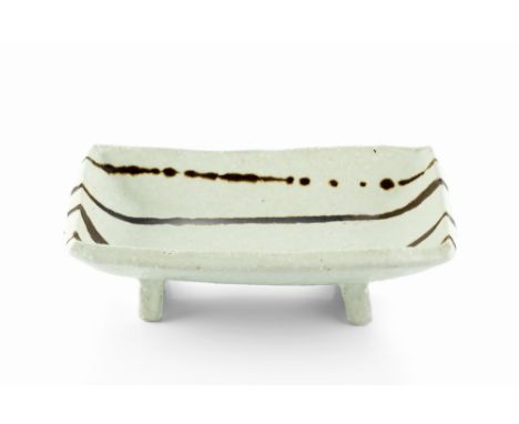 Janet Leach (1918-1997) at Leach Pottery Dish oatmeal glaze with poured tenmoku lines, on rectangular feet impressed potter's