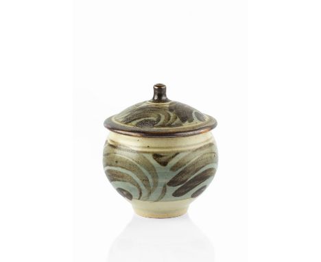 Bernard Leach (1887-1979) at Leach Pottery Preserve pot and cover tenmoku brushwork on blue painted mark and impressed potter