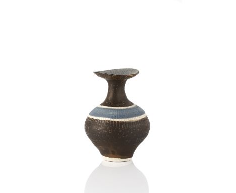 Lucie Rie (1902-1995) Miniature vase manganese glaze, with blue sgraffito band to body and rim interior impressed potter's se