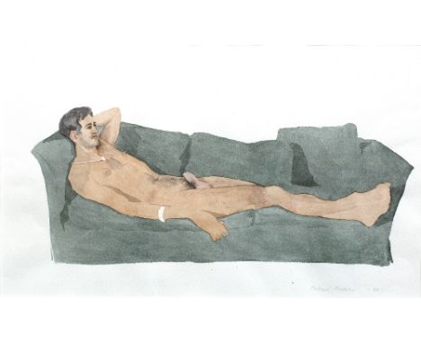 Patrick Procktor (1936-2003) Male nude on a sofa, 1967 signed and dated in pencil (lower right) watercolour 28cm x 45cm. Exhi