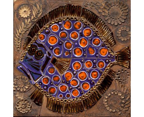 Jean and Rhys Powell Tile picture depicting a tropical fish marked 'Powell International' 60cm x 60cm.