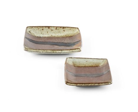 Janet Leach (1918-1997) at Leach Pottery Two trays wax-resist and tenmoku bands, on bun feet impressed potter's and pottery s