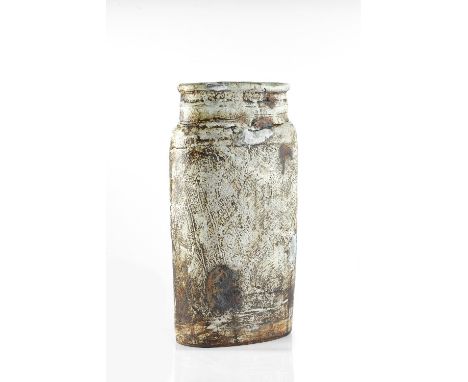 Robin Welch (b.1936) Large vessel stoneware with textured polychrome glaze impressed potter's seal 47.5cm high.